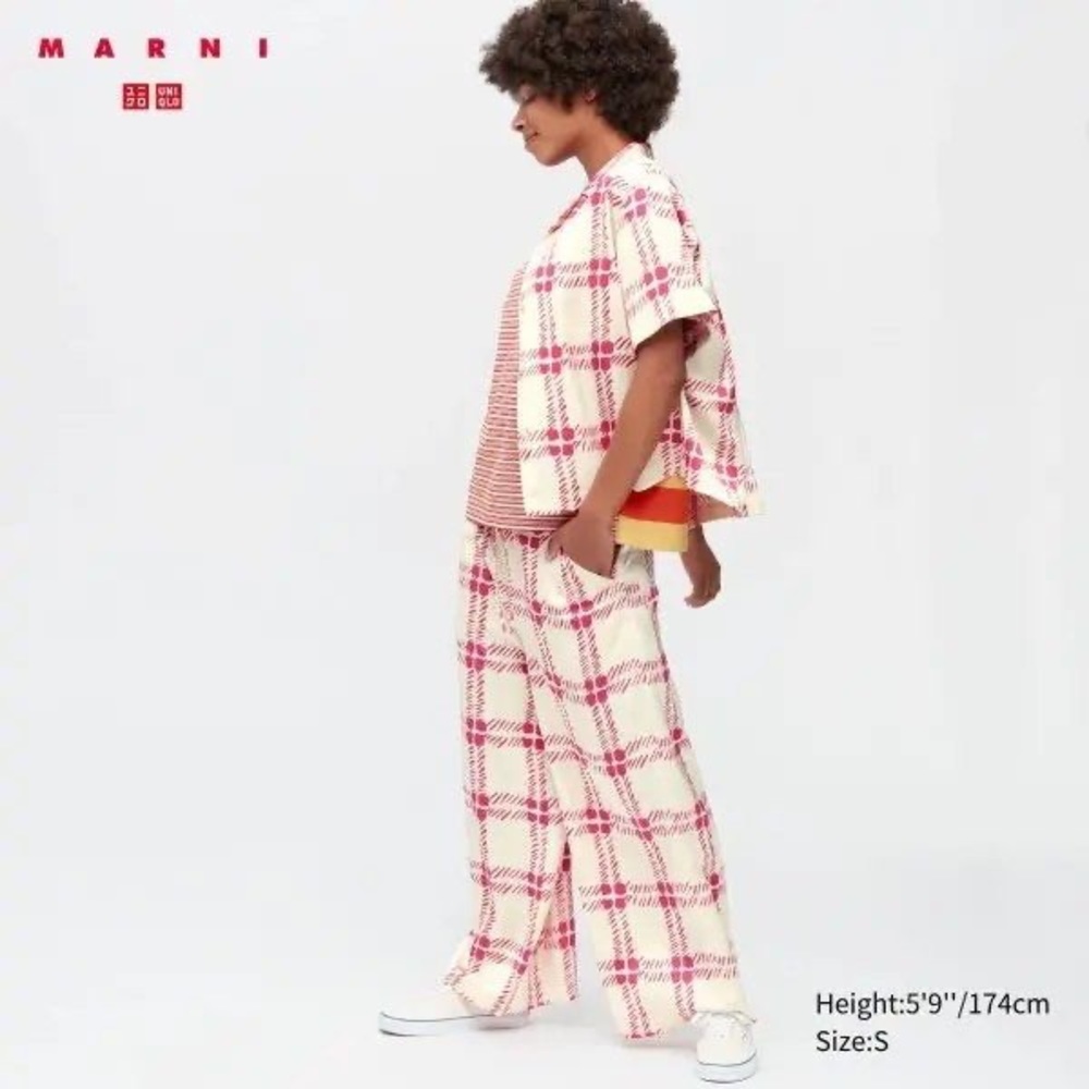 NEW MARNI X uniqlo pink pattern matching set blouse and wide leg pants XS S